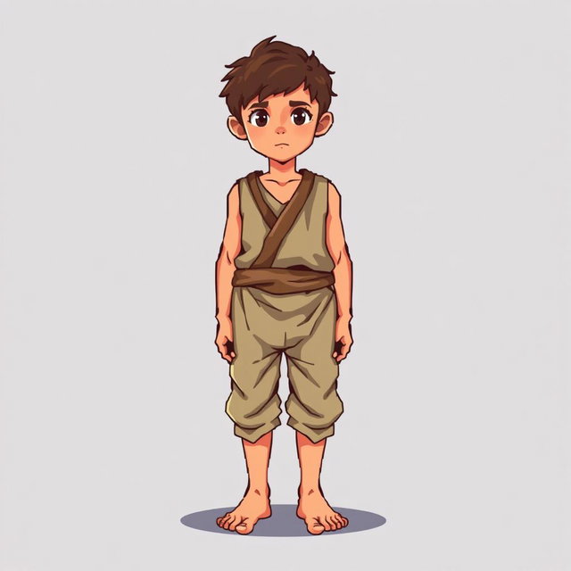 A pixel art illustration of a barefoot peasant boy in tattered clothes, depicted from the front, standing against an empty background