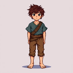 A pixel art illustration of a brunette peasant boy, barefoot and dressed in tattered clothes, depicted from the front, standing against an empty background