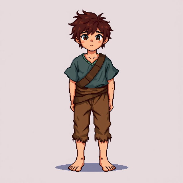 A pixel art illustration of a brunette peasant boy, barefoot and dressed in tattered clothes, depicted from the front, standing against an empty background