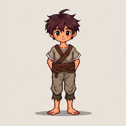 A pixel art illustration of a brunette peasant boy, barefoot and dressed in tattered clothes, depicted from the front, standing against an empty background
