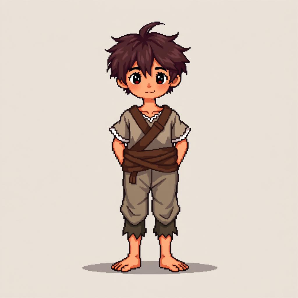 A pixel art illustration of a brunette peasant boy, barefoot and dressed in tattered clothes, depicted from the front, standing against an empty background