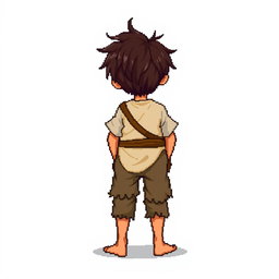 A pixel art illustration of a brunette peasant boy, barefoot and dressed in tattered clothes, depicted from the front, standing against an empty background