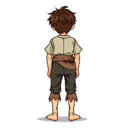A pixel art illustration of a brunette peasant boy, barefoot and dressed in tattered clothes, depicted from the front, standing against an empty background