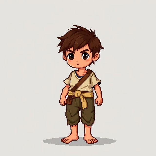 A pixel art illustration of a brunette medieval peasant boy, barefoot and dressed in tattered clothes with a cloth belt, depicted from the front against an empty background