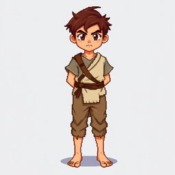 A pixel art illustration of a brunette medieval peasant boy, barefoot and dressed in tattered clothes with a cloth belt, depicted from the front against an empty background