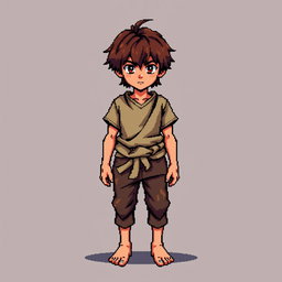A pixel art illustration of a brunette medieval peasant boy, barefoot and dressed in tattered clothes with a cloth belt, depicted from the front against an empty background
