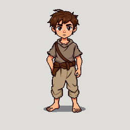 A pixel art illustration of a brunette medieval peasant boy, barefoot and dressed in tattered clothes with a cloth belt, depicted from the front against an empty background