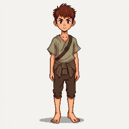 A pixel art illustration of a thin brunette medieval European peasant boy, barefoot and wearing tattered clothes with a cloth belt, depicted from the front against an empty background