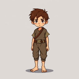 A pixel art illustration of a thin brunette medieval European peasant boy, barefoot and wearing tattered clothes with a cloth belt, depicted from the front against an empty background
