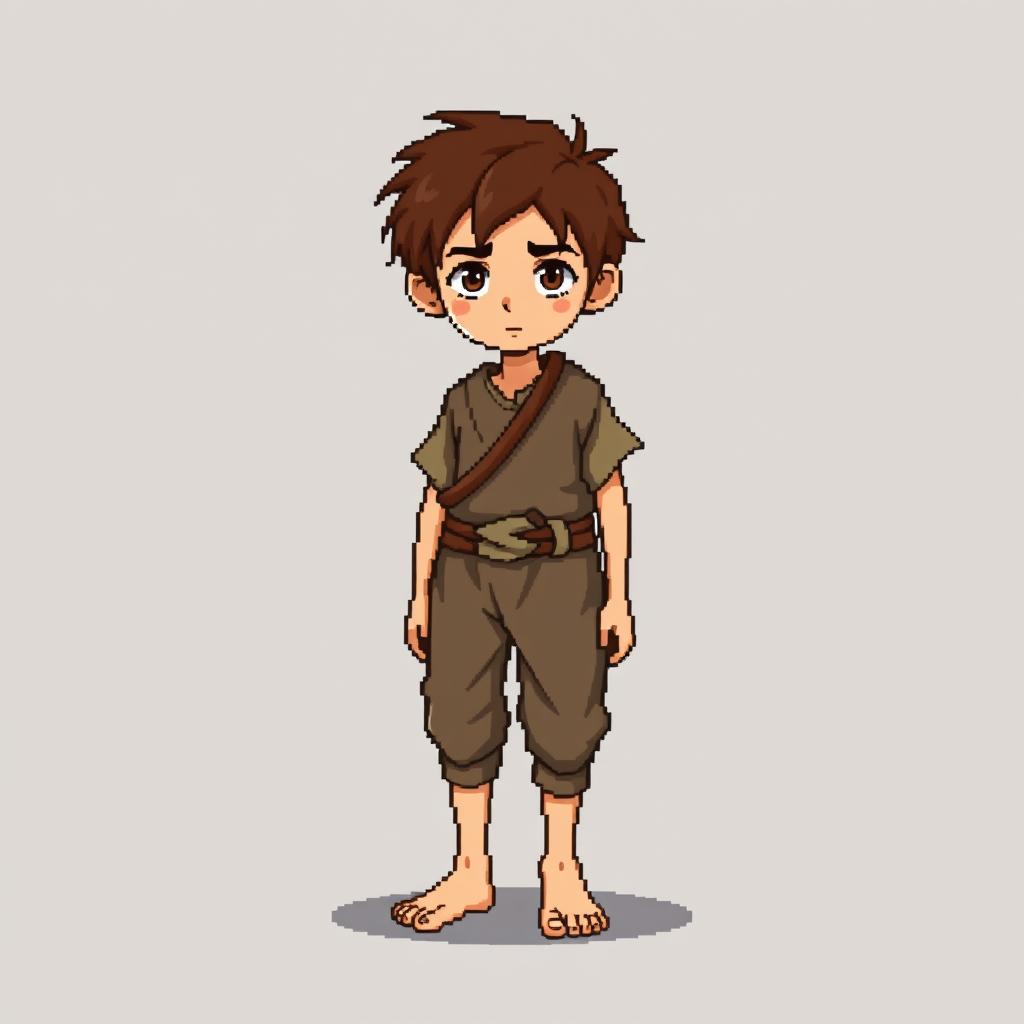 A pixel art illustration of a thin brunette medieval European peasant boy, barefoot and wearing tattered clothes with a cloth belt, depicted from the front against an empty background