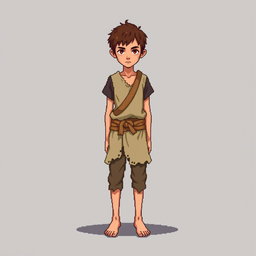 A pixel art illustration of a thin brunette medieval European peasant boy, barefoot and wearing tattered clothes with a cloth belt, depicted from the front against an empty background
