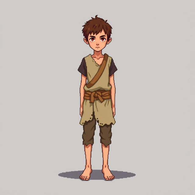 A pixel art illustration of a thin brunette medieval European peasant boy, barefoot and wearing tattered clothes with a cloth belt, depicted from the front against an empty background