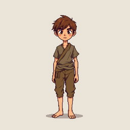 A pixel art illustration of a thin brunette medieval European peasant boy, barefoot and wearing tattered clothes with a cloth belt, depicted from the front against an empty background