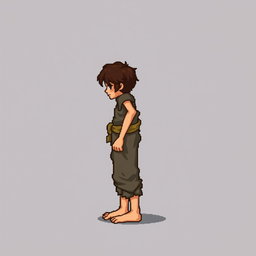 A pixel art illustration of a thin brunette medieval European peasant boy, barefoot and wearing tattered clothes with a cloth belt, depicted from the side against an empty background
