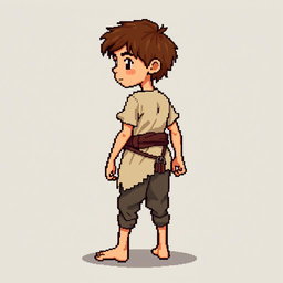 A pixel art illustration of a thin brunette medieval European peasant boy, barefoot and wearing tattered clothes with a cloth belt, depicted from the side against an empty background