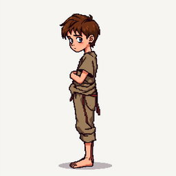 A pixel art illustration of a thin brunette medieval European peasant boy, barefoot and wearing tattered clothes with a cloth belt, depicted from the side against an empty background