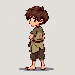 A pixel art illustration of a thin brunette medieval European peasant boy, barefoot and wearing tattered clothes with a cloth belt, depicted from the side against an empty background