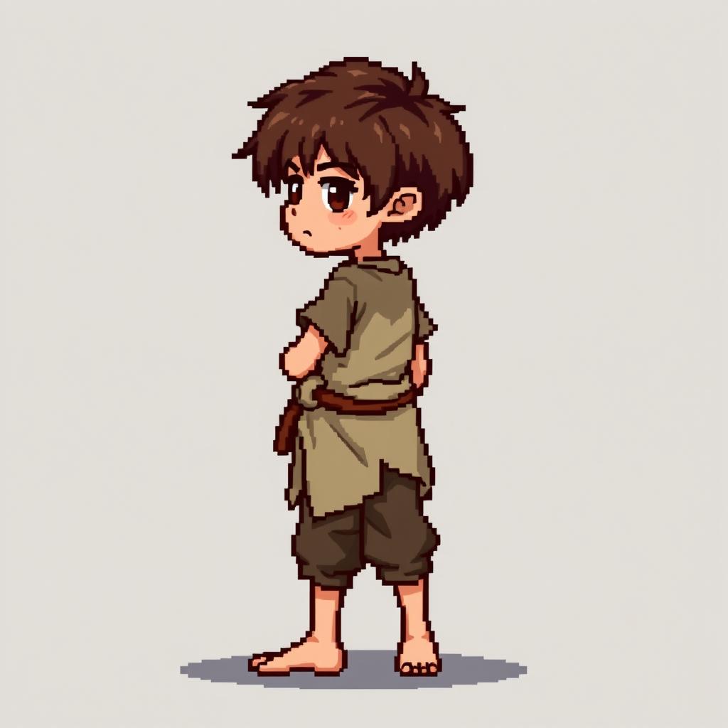 A pixel art illustration of a thin brunette medieval European peasant boy, barefoot and wearing tattered clothes with a cloth belt, depicted from the side against an empty background