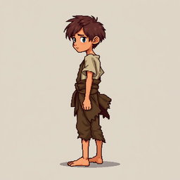 A pixel art illustration of a thin brunette medieval European peasant boy, barefoot and wearing tattered clothes with a cloth belt, depicted from the side against an empty background