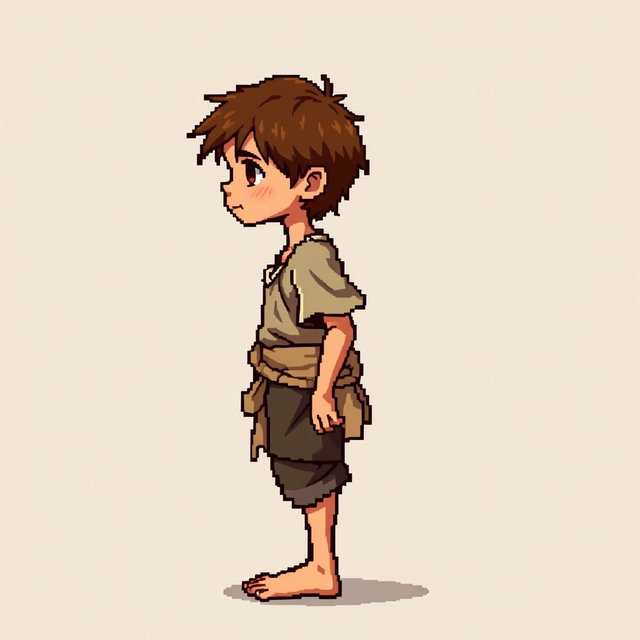 A pixel art illustration of a thin brunette medieval European peasant boy, barefoot and wearing tattered clothes with a cloth belt, depicted from the side against an empty background