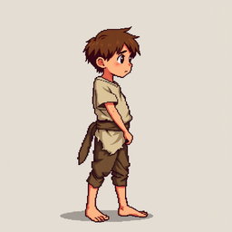 A pixel art illustration of a thin brunette medieval European peasant boy, barefoot and wearing tattered clothes with a cloth belt, depicted from the side against an empty background