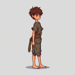 A pixel art illustration of a thin brunette medieval European peasant boy, barefoot and wearing tattered clothes with a cloth belt, depicted from the side against an empty background