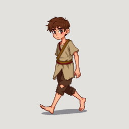A pixel art illustration of a thin brunette medieval European peasant boy, barefoot and wearing tattered clothes with a cloth belt, depicted in a walking pose against an empty background