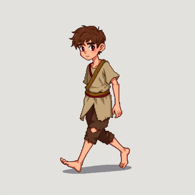A pixel art illustration of a thin brunette medieval European peasant boy, barefoot and wearing tattered clothes with a cloth belt, depicted in a walking pose against an empty background