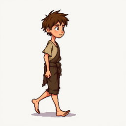 A pixel art illustration of a thin brunette medieval European peasant boy, barefoot and wearing tattered clothes with a cloth belt, depicted in a walking pose against an empty background