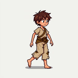 A pixel art illustration of a thin brunette medieval European peasant boy, barefoot and wearing tattered clothes with a cloth belt, depicted in a walking pose against an empty background