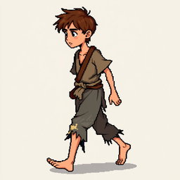 A pixel art illustration of a thin brunette medieval European peasant boy, barefoot and wearing tattered clothes with a cloth belt, depicted in a walking pose against an empty background