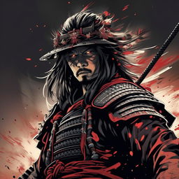 A highly detailed, cinematic, and dramatic 32k illustration in the style of epic sci-fi anime line art, featuring a samurai man with his sword.