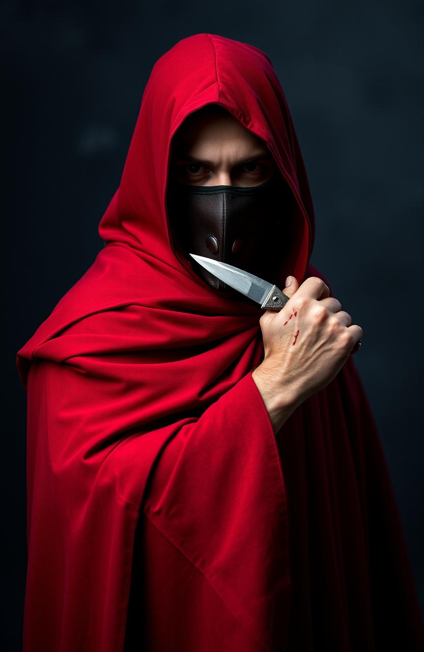 A mysterious man standing in a vigilant pose, wearing a deep red cloak that flows dramatically around him