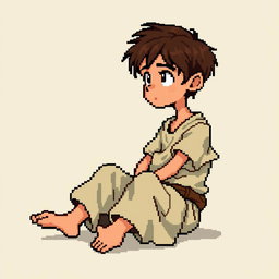 A pixel art illustration of a thin brunette medieval European peasant boy, barefoot and wearing tattered clothes with a cloth belt, depicted sitting down against an empty background
