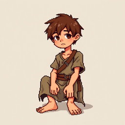 A pixel art illustration of a thin brunette medieval European peasant boy, barefoot and wearing tattered clothes with a cloth belt, depicted sitting down against an empty background