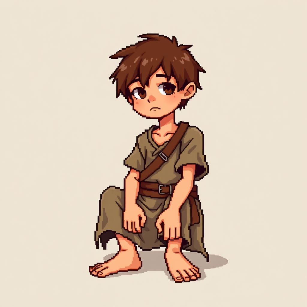 A pixel art illustration of a thin brunette medieval European peasant boy, barefoot and wearing tattered clothes with a cloth belt, depicted sitting down against an empty background