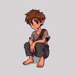 A pixel art illustration of a thin brunette medieval European peasant boy, barefoot and wearing tattered clothes with a cloth belt, depicted sitting down against an empty background