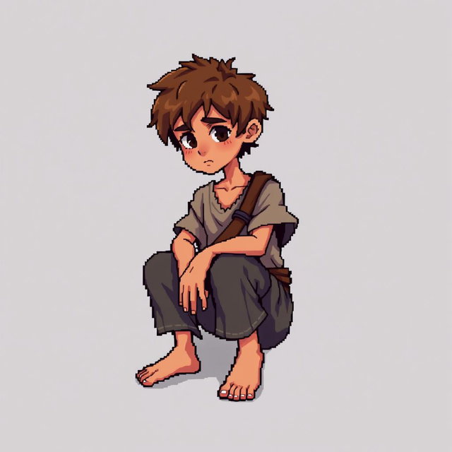 A pixel art illustration of a thin brunette medieval European peasant boy, barefoot and wearing tattered clothes with a cloth belt, depicted sitting down against an empty background
