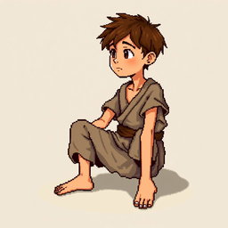 A pixel art illustration of a thin brunette medieval European peasant boy, barefoot and wearing tattered clothes with a cloth belt, depicted sitting down against an empty background