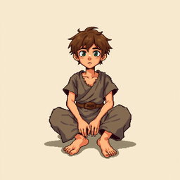 A pixel art illustration of a thin brunette medieval European peasant boy, barefoot and wearing tattered clothes with a cloth belt, depicted sitting cross-legged against an empty background