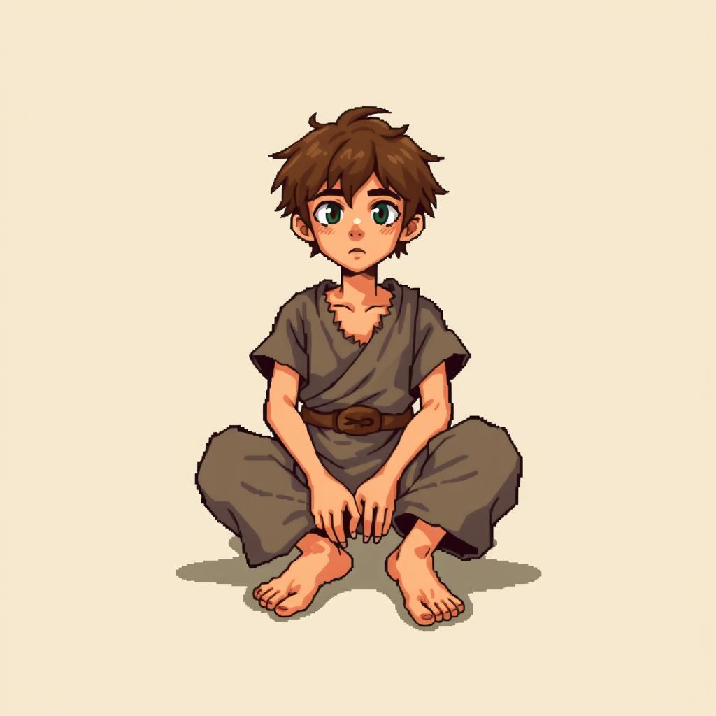 A pixel art illustration of a thin brunette medieval European peasant boy, barefoot and wearing tattered clothes with a cloth belt, depicted sitting cross-legged against an empty background
