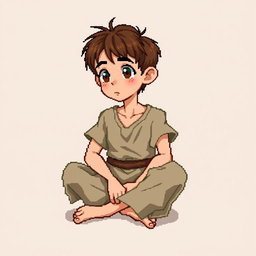 A pixel art illustration of a thin brunette medieval European peasant boy, barefoot and wearing tattered clothes with a cloth belt, depicted sitting cross-legged against an empty background