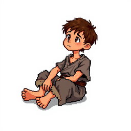 A pixel art illustration of a thin brunette medieval European peasant boy, barefoot and wearing tattered clothes with a cloth belt, depicted sitting cross-legged against an empty background