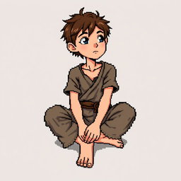 A pixel art illustration of a thin brunette medieval European peasant boy, barefoot and wearing tattered clothes with a cloth belt, depicted sitting cross-legged against an empty background