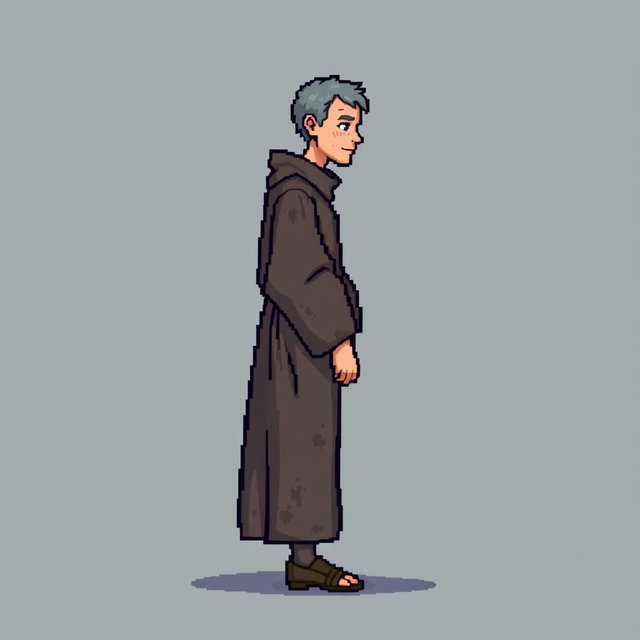 A pixel art illustration of a thin medieval European priest, depicted from the side wearing a slightly dirty robe and tattered shoes, against an empty background