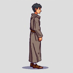 A pixel art illustration of a thin medieval European priest, depicted from the side wearing a slightly dirty robe and tattered shoes, against an empty background