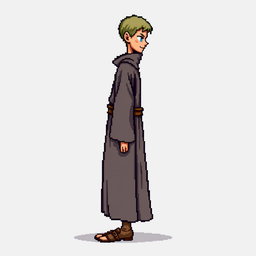 A pixel art illustration of a thin medieval European priest, depicted from the side wearing a slightly dirty robe and tattered shoes, against an empty background
