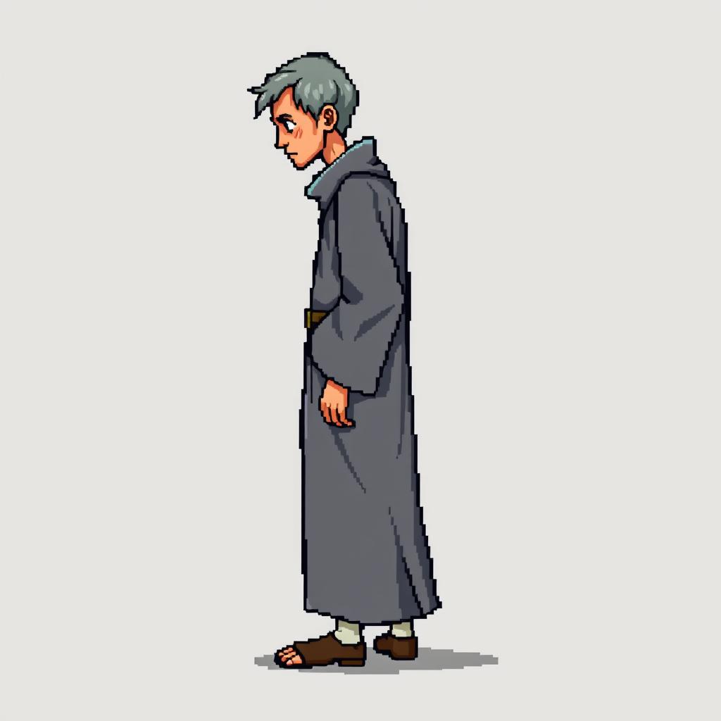 A pixel art illustration of a thin medieval European priest, depicted from the side wearing a slightly dirty robe and tattered shoes, against an empty background