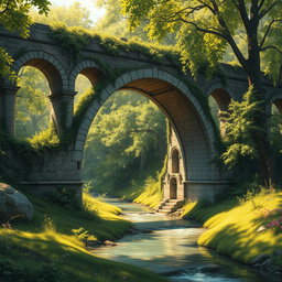 A beautifully detailed scene of a majestic ruined bridge, overgrown with vines and moss, set in a lush green landscape