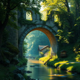 A beautifully detailed scene of a majestic ruined bridge, overgrown with vines and moss, set in a lush green landscape